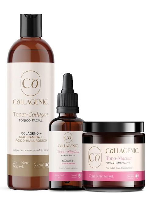 Kit tratamiento facial 3 en 1 limpieza + tono uniforme hidrata, protege y limpia Collagenic Premium