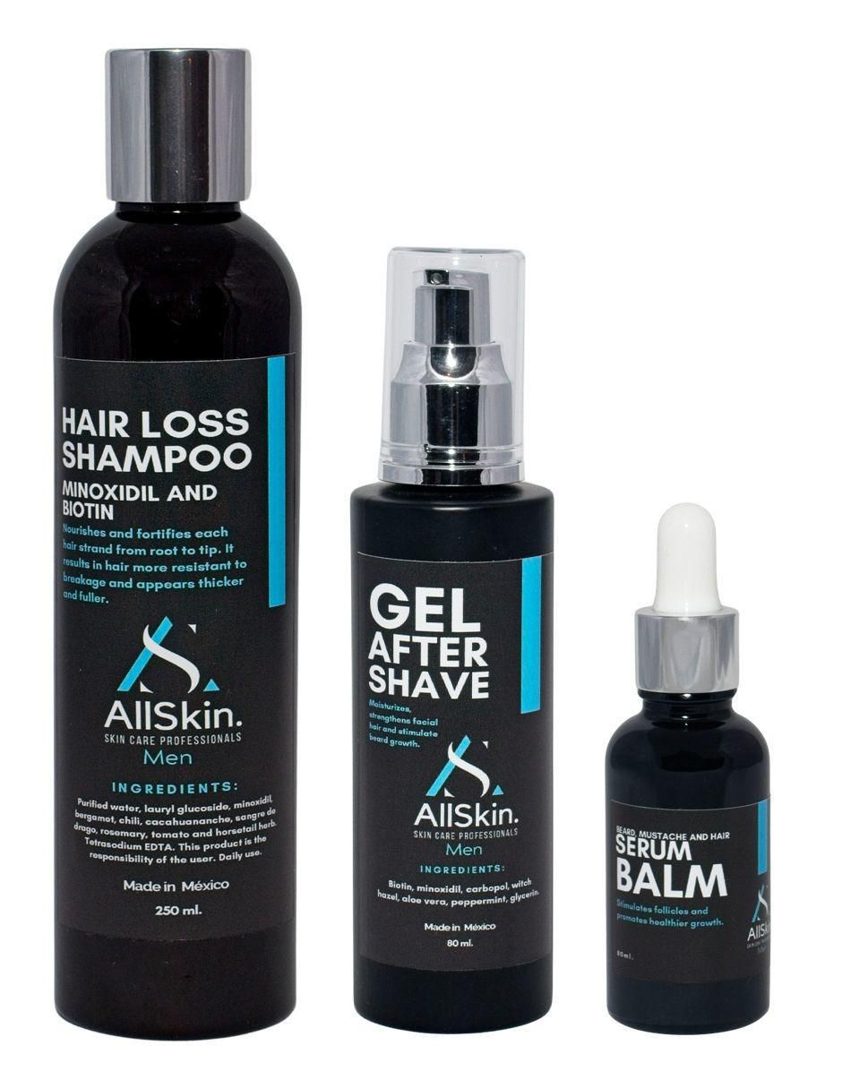 Shampoo anticaída para cabello Hair Loss, Gel After Shave y Serum Balm Men