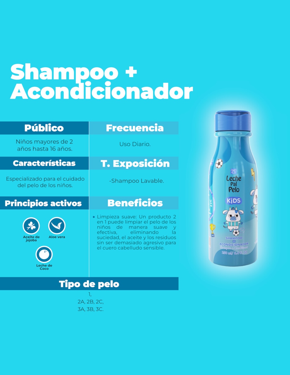 Shampoo con acondicionador para cabello todo tipo kids Leche Pal Pelo kids 250 ml 2