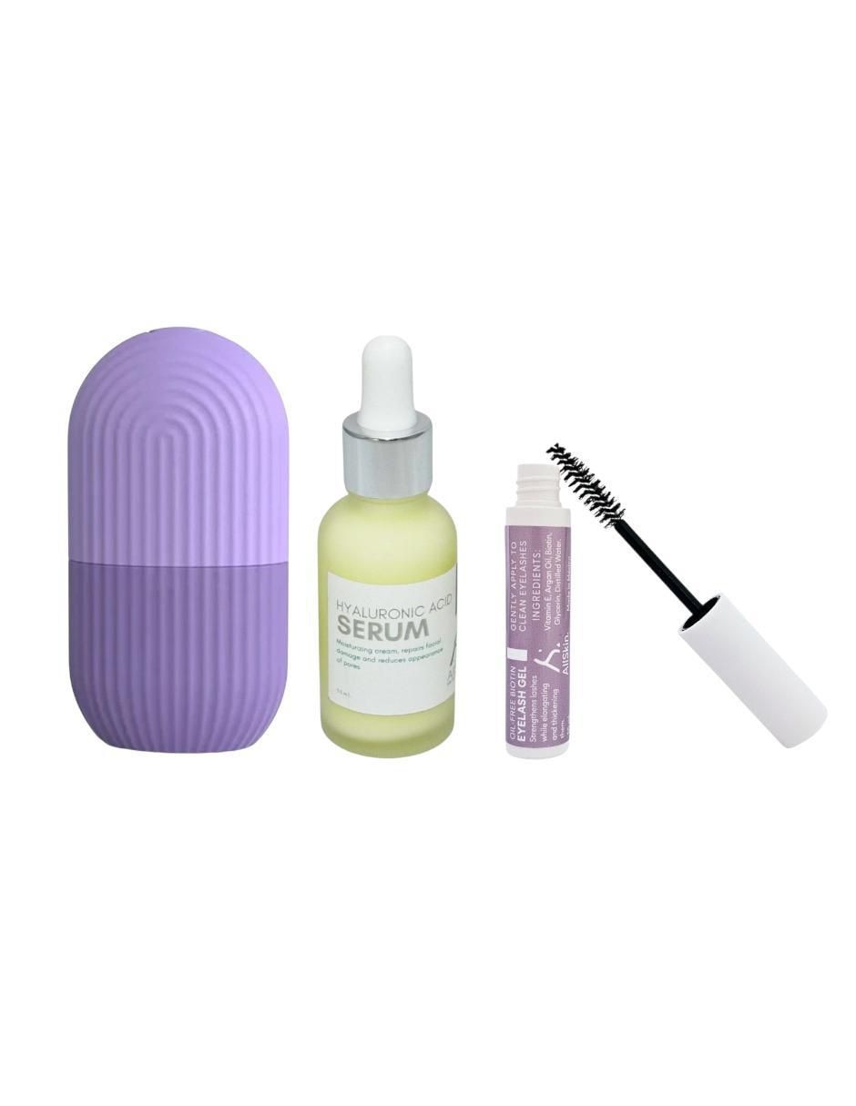 Tratamiento facial kit con suero de ácido hialurónico y retinol, masajeador facial y gel para pestañas antiedad