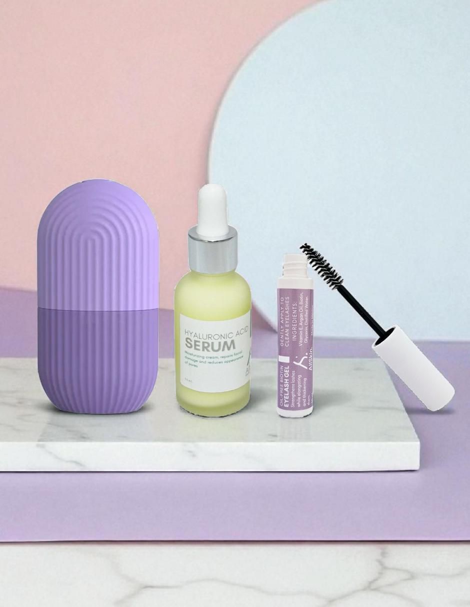 Tratamiento facial kit con suero de ácido hialurónico y retinol, masajeador facial y gel para pestañas antiedad 10