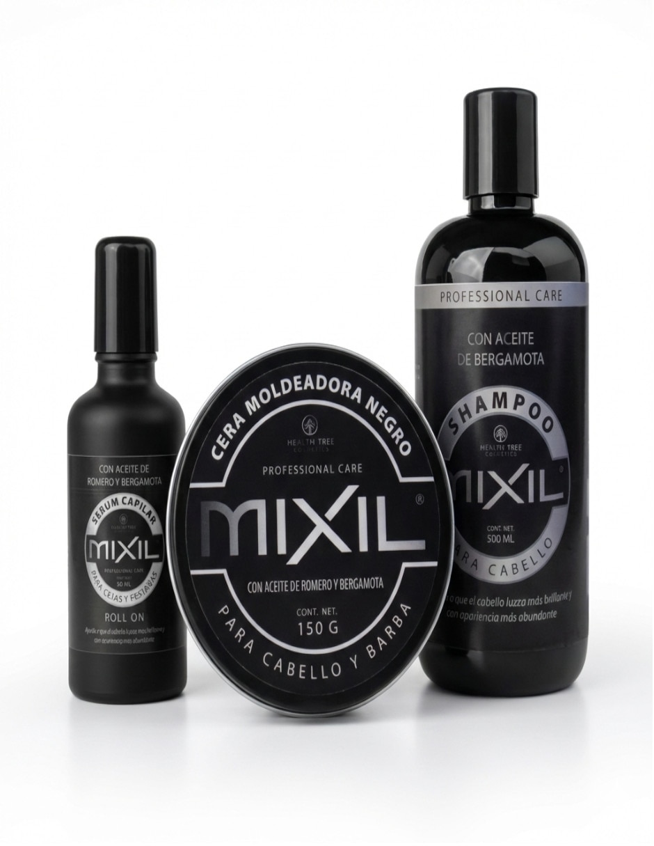 Set de shampoo fortalecedor 500 ml, cera negra 150ml, serum roll-on 50ml