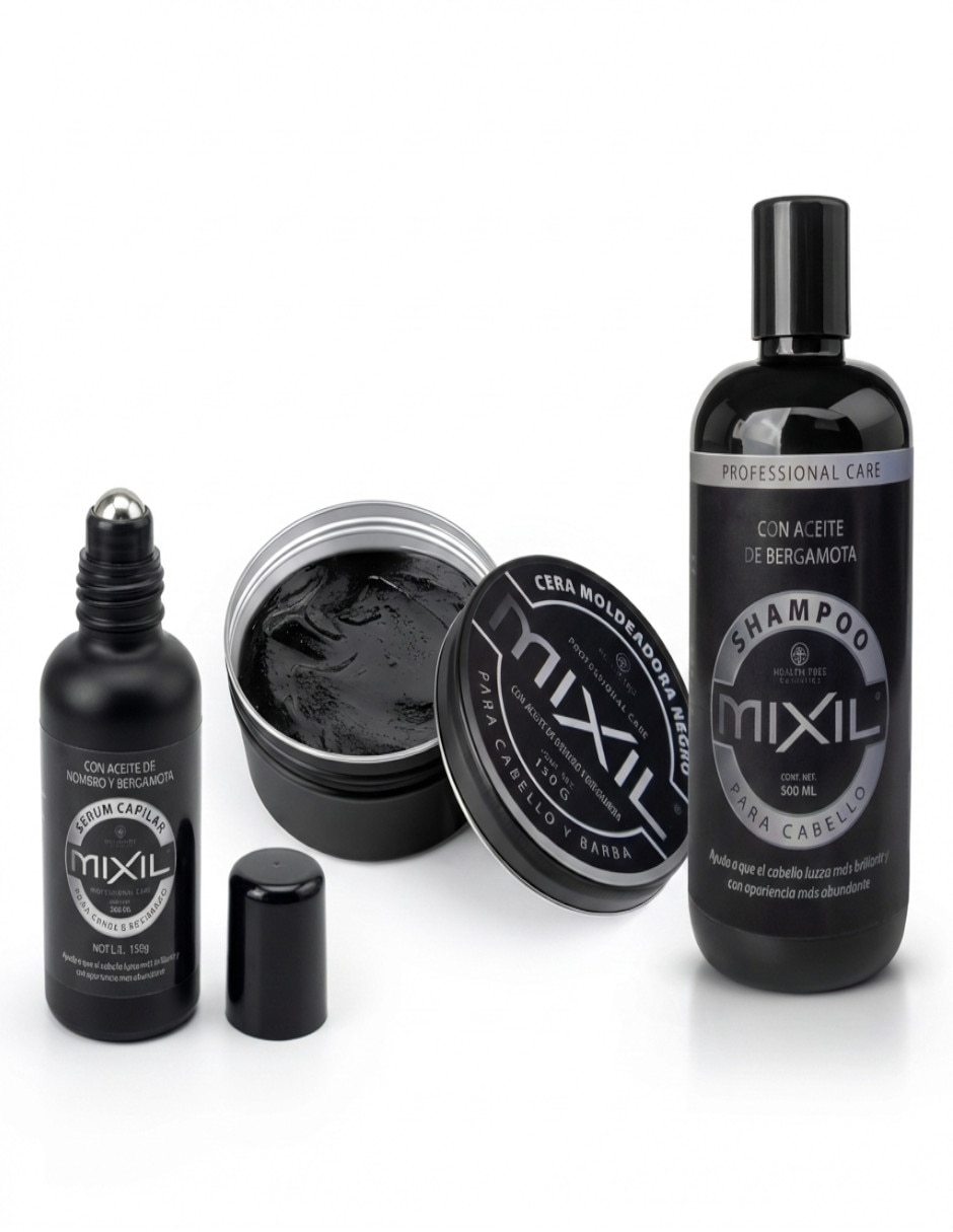Set de shampoo fortalecedor 500 ml, cera negra 150ml, serum roll-on 50ml 2
